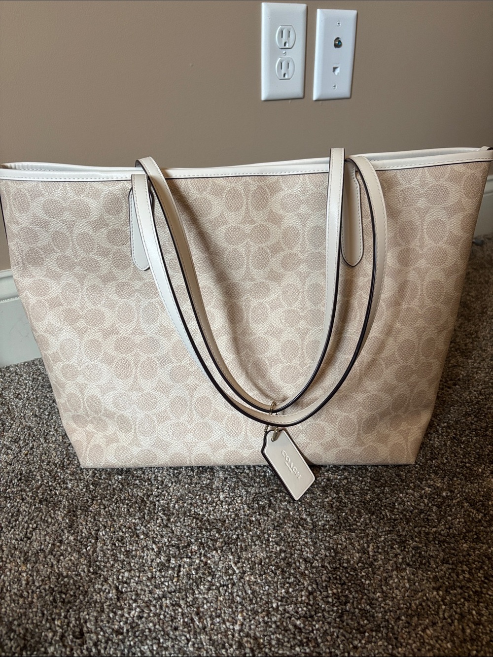 Coach Beige and White Signature Canvas Tote - Picture 3 of 7